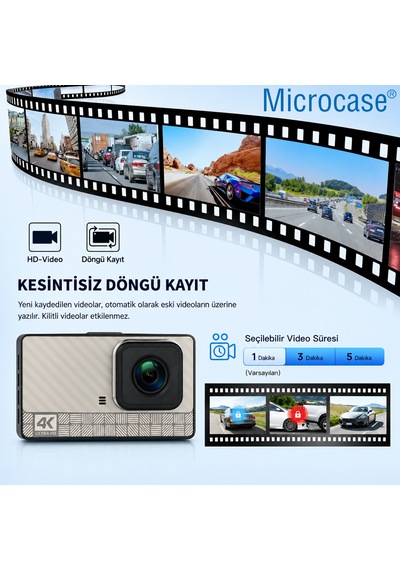 Microcase Wifi Destekli Akıllı Kayıt Sistemli 4k Çift Kameralı Araç Kamerası Video Kayıt Cihazı Al5756