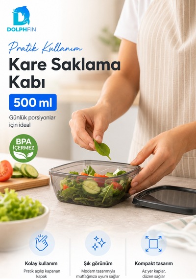 Kare Saklama Kabı 500 Ml Füme Şeffaf Siyah Kapaklı Buzdolabı Kabı Bpa İçermez