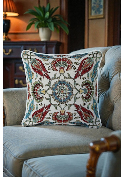 Kırlent Kılıfı Goblen Dokuma Kumaş - 45x45cm Çift Taraflı Biyeli Dekoratif Kırlent Kılıfı - Vs-1064 Çok Renkli