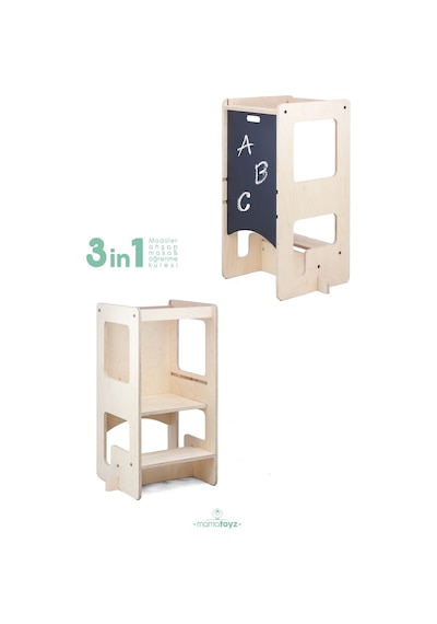 Flip Natural 3'ü 1 Arada Öğrenme Kulesi & Aktivite Masası & Yazı Tahtası Natural