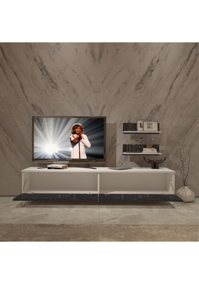 Decoraktiv Eko 4 Mdf Std Gold Tv Ünitesi Tv Sehpası Beyaz - Siyah Mermer