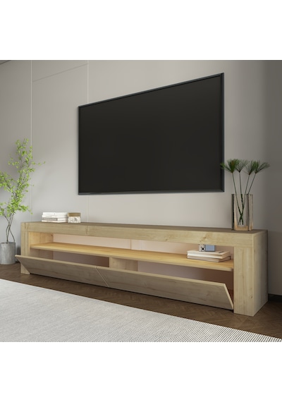 Batı Led Işıklı 2 Kapaklı Tv Sehpası 150 Cm Minimal Tasarım Safir Meşe