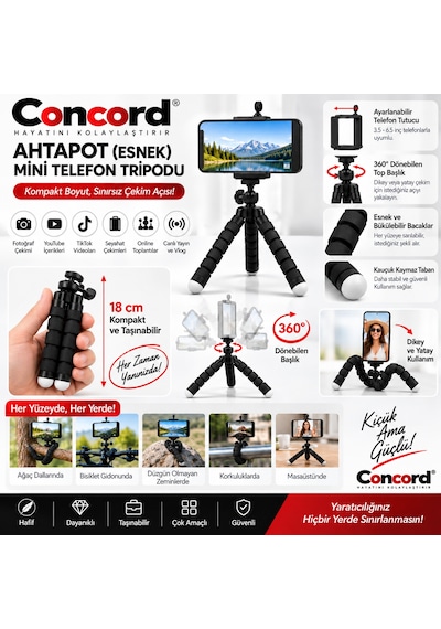 Ahtapot Esnek Mini Telefon Tripodu - 360 Döner Başlıklı - 18 Cm Vlogging & Tiktok Çekim Ayak Siyah