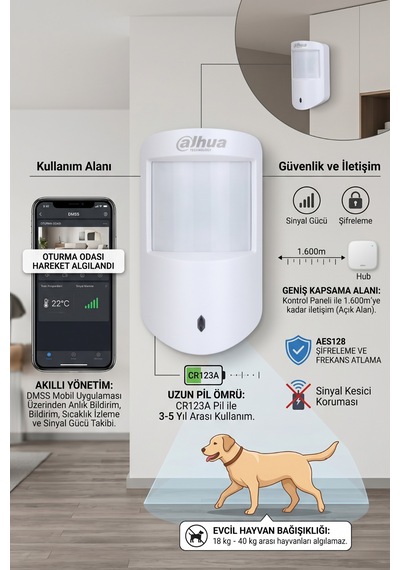 Dahua Dhı-ard 1233-w2 868 Kablosuz Pır Dedektör Akıllı Hareket Sensörü Evcil Hayvan Uyumlu Ev Ofis Alarm Sistemi