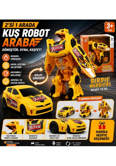 Dönüşen Kuş Robot Araba 2'si 1 Arada Robot Ve Spor Araba Oyuncak Manuel Dönüşüm - Sarı