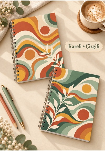 Retro Botanik Temalı 2'li Set A5 Metal Spiralli Çizgili-kareli Karton Kapak Retro Botanik Temalı 2'li Set A5 Çizgili-kareli Defter Çok Renkli