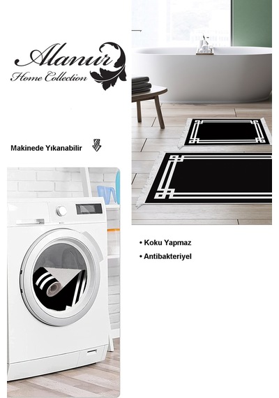 Dekoreko Kaymaz Taban Djt 2 Li Banyo Paspas Takımı Trend Saçaklı Modern 1669 Siyah