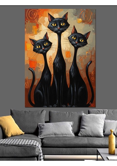 Üç Kara Kedi Ve Gece Dekoratif Kanvas - Mdf Ahşap Tablo
