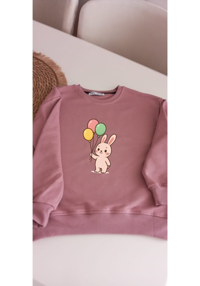 Kız Çocuklar Balonlu Tavşan Baskılı Pudra Rengi Sweatshirt Pudra