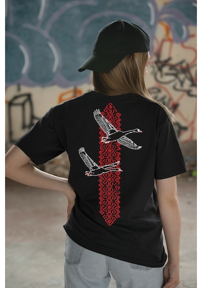 Spoyi Red Heritage Bird Tasarımlı %100 Pamuk Yarım Oversize Siyah T-shirt