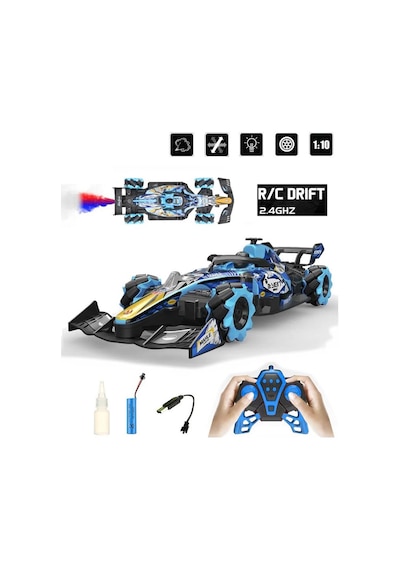 Sesli Işıklı Şarjlı 1:10 Büyük Ölçek Kumandalı Duman Atan Full Fonksiyon F1 Araç Rc Oyuncak Araba Mavi Mavi