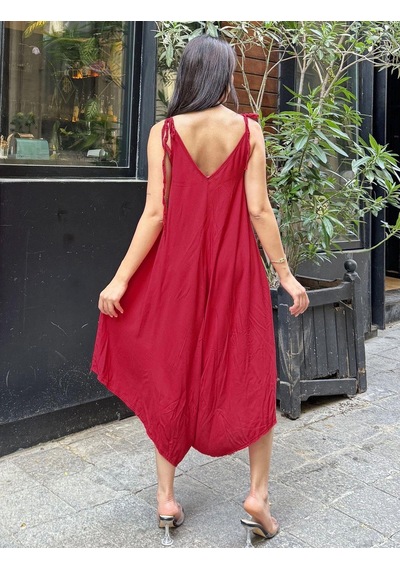 Kadın Bordo İp Askılı, Asimetrik Kesim, Dokulu Terletmez Kumaş, Salaş Tulum Bordo