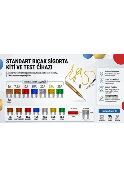 Oto Elektrik Kontrol Kalemi + 21'li Standart Bıçak Sigorta Seti Araç Devre Test Ve Sigorta Kit