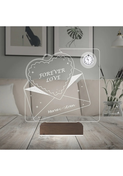 Luvivia Kalp Forever Love Sevgiliye Hediye Zarf Mesajlı Kişiye Özel Metal Saatli 3d Lamba - Masa Gece Lambası