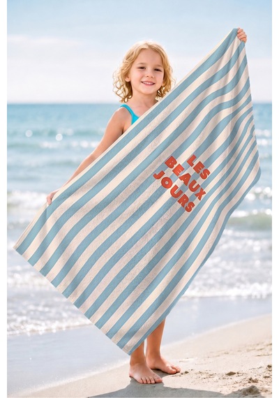 Çizgili Marine Mavi Beyaz Plaj Havlusu - Modern Akdeniz Stil Hızlı Kuruyan Mikrofiber Havlu Çiy Karamel