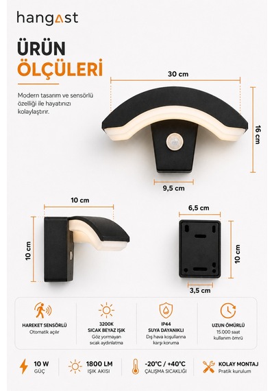 Sensörlü Yarım Ay Led Aplik 24w 1800 Lm 3200k Sıcak Beyaz Hareket Sensörlü Duvar Lambası Siyah