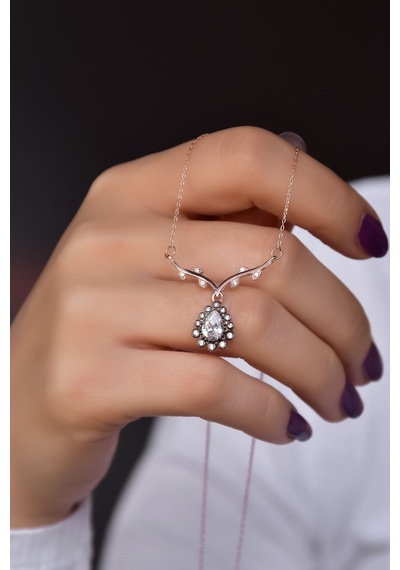 Papatya Silver 925 Ayar Gümüş Rose Kaplama Tasarım Sarmaşık Dallı Elmas Montür Damla Kolye