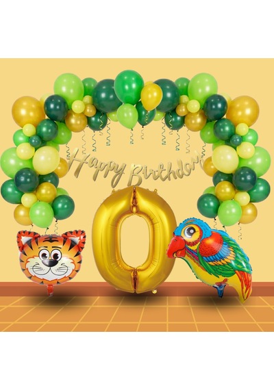 0 Yaş Pompa Hediyeli Safari Tema Folyo Kaplan Papağan Gold Rakam Yeşil Sarı Gold Balon Doğum Günü Süsü Çok Renkli