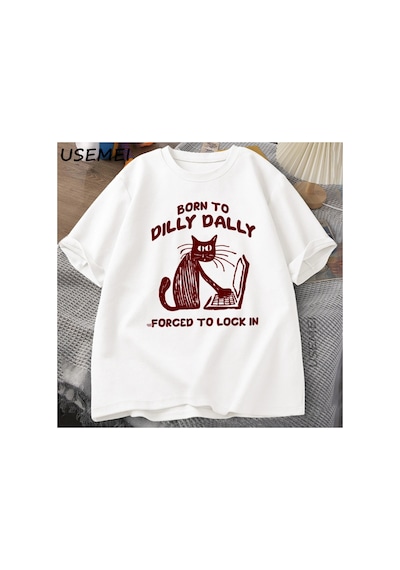 Komik Kedi Çalışma Baskı T-shirt Dilly Dally Zorla Kilitlemek İçin Kedi Tshirt Erkekler Kadın 2979 Beyaz