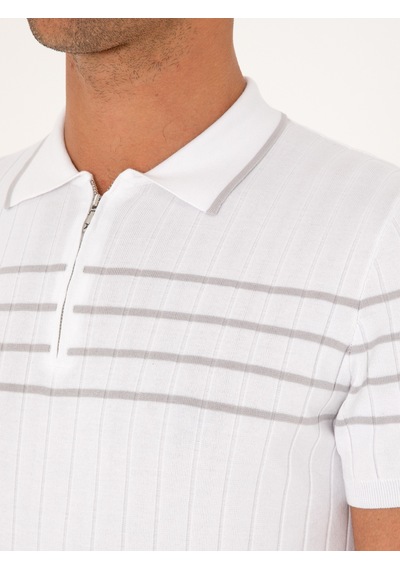 Beyaz Slim Fit %100 Pamuk Fermuarlı Polo Yaka Triko T-shirt