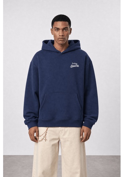 Respire Erkek Served Cold Baskılı Oversize Hoodie Lacivert