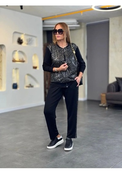 Defymoda Kadın İki İplik Kumaş Yılan Desenli Fermuarlı İkili Takım Siyah