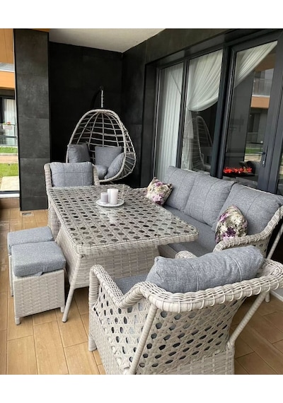 Sercangarden Salincak Hediyeli Rattan Bahçe Takımı Oturma Grubu 3lü - 7 Kişilik Gri