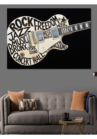 Gitar Şeklinde Yazılarla Rock Müzik Dekoratif Kanvas - Mdf Ahşap Tablo