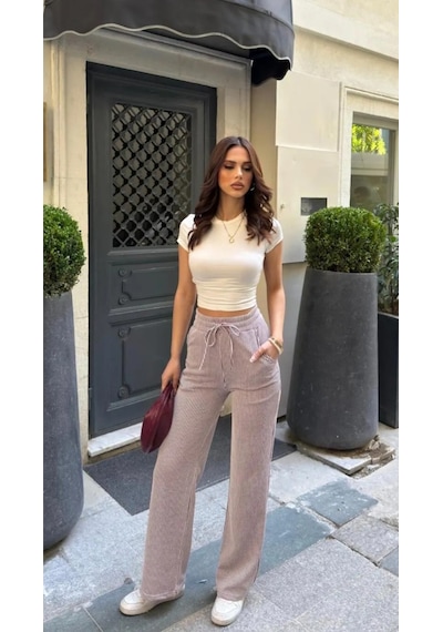 Thiffgymwear Yandan Cepli Beli Bağcıklı Su Yolu Kadın Çizgili Pantolon Bordo