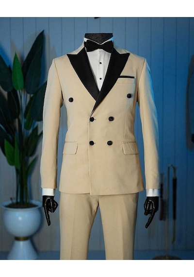 Bys Beystil Sivri Yaka Krem Damatlık & Smokin Kruvaze Takım - Slim Fit