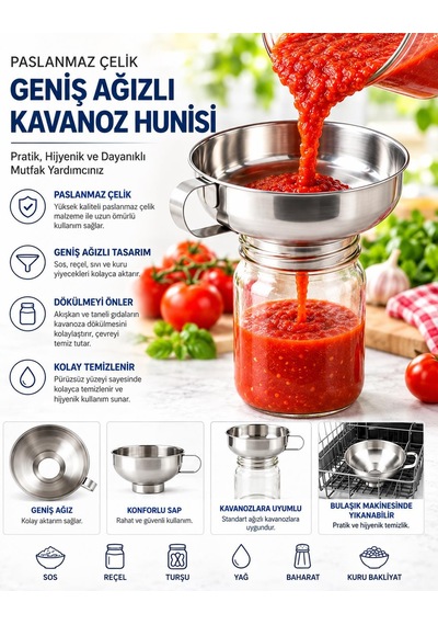 Paslanmaz Çelik Geniş Ağızlı Kavanoz Hunisi 15 Cm Salça, Reçel, Sos, Yağ Ve Bakliyat Aktarma Hunisi