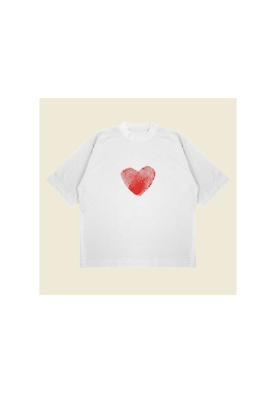 Tarzsokak Heartprint Baskılı Oversize Unisex Pamuklu Nefes Alan Kalın Kumaşlı Beyaz