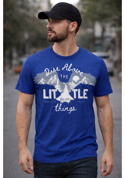 Herkesemoda Litte Things Yazı Detaylı Basic T-shirt Mavi