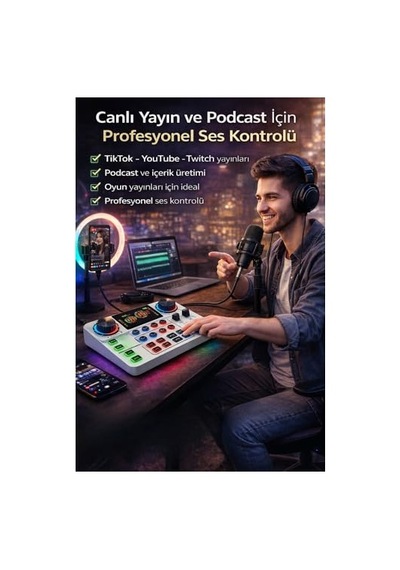 Canlı Yayın Ses Kartı Bluetooth Podcast Ses Mikseri, 12 Ses Efekti Ve Voice Changer Özellikli, 3.5mm Stereo Çıkışlı, 800mah Bataryalı Ses Kartı Tiktok Youtube Yayın Ve Podcast İçin