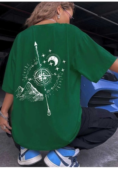 Kozia Outdoors Pusula Sırt Baskılı Oversize Basic O Yaka Unisex T-shirt Yeşil