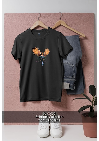 Oversize Colourful Phoenix With Open Wings Tasarımlı Unisex T-shirt Siyah