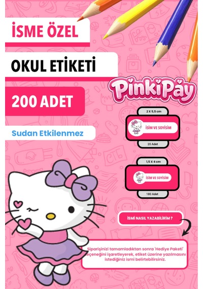 İsim Yazılabilir Hello Kitty Temalı Okul Etiketi Kalem & Defter İçin 200 Adet Çoklu