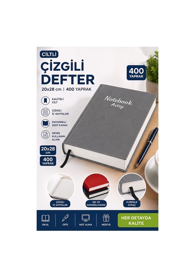 Ciltli Çizgili Defter 400 Yaprak 20x28cm 1 Adet Çok Yapraklı Sert Kapaklı Not Hesap Defteri Okul Ofis Büro Gri