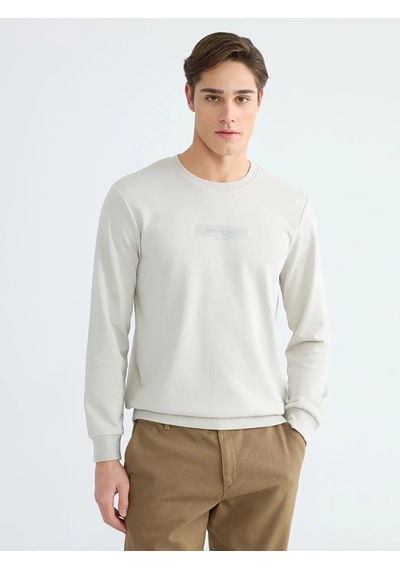 Lc Waikiki Bej Bisiklet Yaka Baskılı Erkek Sweatshirt