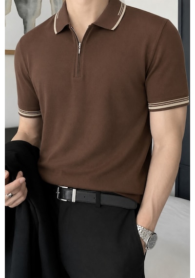 Tarz Cool Erkek Fermuar Yaka Triko Polo Tişört Slim Fit Pamuklu Yazlık Triko Kahverengi