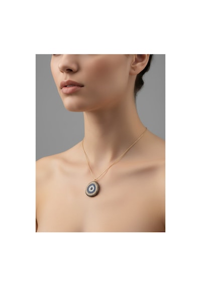 Oval Zirkon Taşlı Nazarlık Kolye Kahverengi -  Beyaz