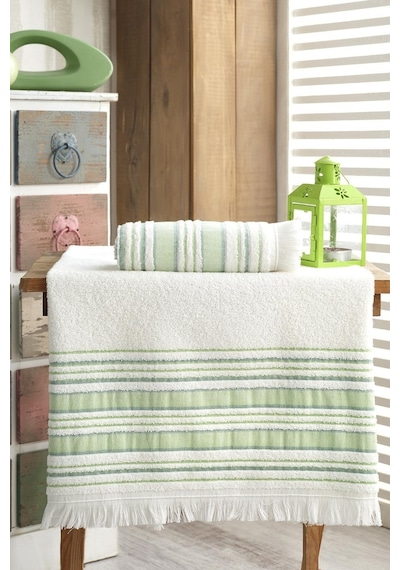 Louis Marie Saçak Detaylı Pamuklu Banyo Havlu Seti 2'li Fıstık Yeşili 50 x 90 + 70 x 140 CM Fıstık Yeşil