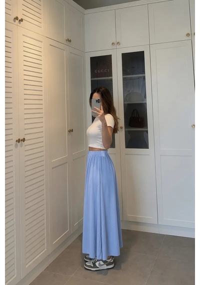 Kadın Mavi Poplin Kumaş Uzun Etek Beli Lastikli Günlük Maxi Etek 90 Cm Glmd-007-mv