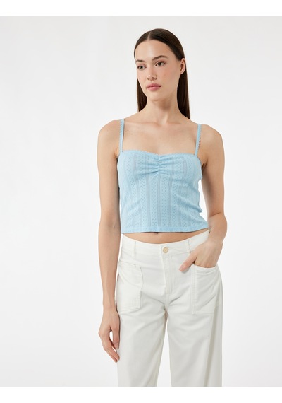 Koton Pamuklu İp Askılı Büzgülü Dokulu Slim Fit Crop Atlet Mavi 5sak10669ek