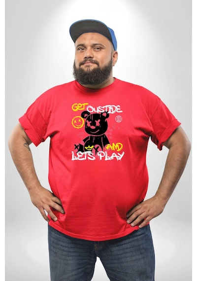 Angemiel Dışarı Çık Ve Oynayalım Teddy Kırmızı Büyük Beden Erkek Kadın Unisex Basic Ön Baskılı Tişört Kırmızı