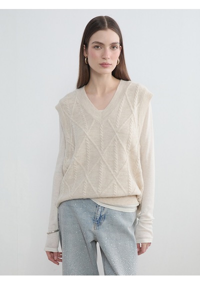 Lcw Modest Ekru Baklava Desenli Oversize Kadın Triko Süveter
