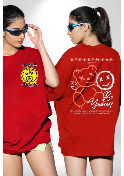 Yükseliş İçin Kendin Ol Kırmızı Oversize Unisex Ön Ve Sırt Baskılı Tişört Kırmızı