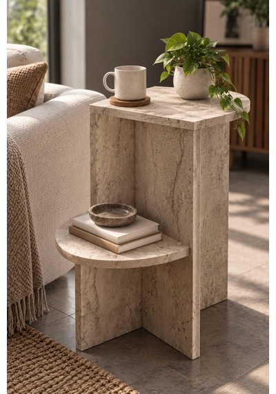 Sulorahome Ekru Traverten Desenli Raflı Yan Sehpa 53x35 Cm