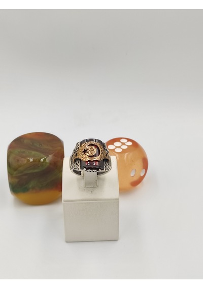Kırmızı Kehribar Taşlı Ayyıldız 925 Ayar 24 Mm 14,50 G. Erkek Yüzüğü Kırmızı
