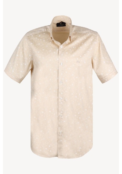 Erkek Bej Kısa Kol Desenli Slim Fit Gömlek